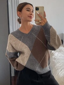 Livesso Petite Women's Casual Contrast Color Argyle Sweater, Autumn/Winter - Brown - View 5