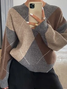 Livesso Petite Women's Casual Contrast Color Argyle Sweater, Autumn/Winter - Brown - View 6