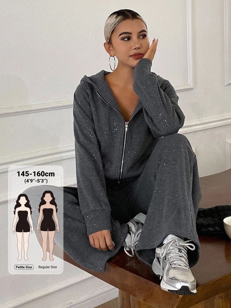 Livesso Petite Women's Long Sleeve Zip-Up Hooded Sweatshirt And Pants Casual Set Fall - Grey - View 1