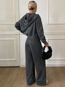 Livesso Petite Women's Long Sleeve Zip-Up Hooded Sweatshirt And Pants Casual Set Fall - Grey - View 2