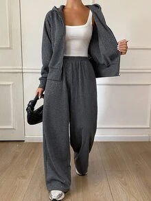 Livesso Petite Women's Long Sleeve Zip-Up Hooded Sweatshirt And Pants Casual Set Fall - Grey - View 5