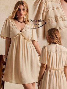 Écloséra Curve Plus Size Women's New Fashion Spring/Summer Casual Loose Beige V-Neck Ruffle Short Sleeve Pleated A-Line Dress - Apricot - View 1