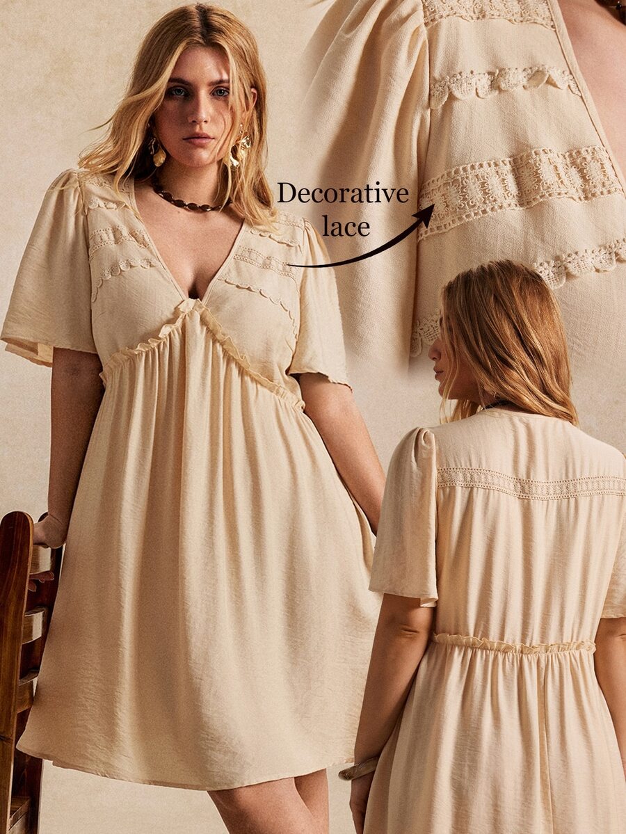 Écloséra Curve Plus Size Women's New Fashion Spring/Summer Casual Loose Beige V-Neck Ruffle Short Sleeve Pleated A-Line Dress - Apricot - View 1