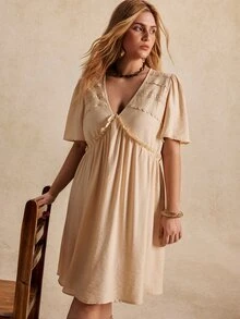 Écloséra Curve Plus Size Women's New Fashion Spring/Summer Casual Loose Beige V-Neck Ruffle Short Sleeve Pleated A-Line Dress - Apricot - View 7