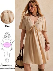 Écloséra Curve Plus Size Women's New Fashion Spring/Summer Casual Loose Beige V-Neck Ruffle Short Sleeve Pleated A-Line Dress - Apricot - View 3