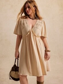 Écloséra Curve Plus Size Women's New Fashion Spring/Summer Casual Loose Beige V-Neck Ruffle Short Sleeve Pleated A-Line Dress - Apricot - View 6