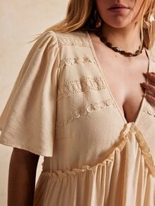 Écloséra Curve Plus Size Women's New Fashion Spring/Summer Casual Loose Beige V-Neck Ruffle Short Sleeve Pleated A-Line Dress - Apricot - View 5