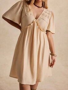 Écloséra Curve Plus Size Women's New Fashion Spring/Summer Casual Loose Beige V-Neck Ruffle Short Sleeve Pleated A-Line Dress - Apricot - View 8