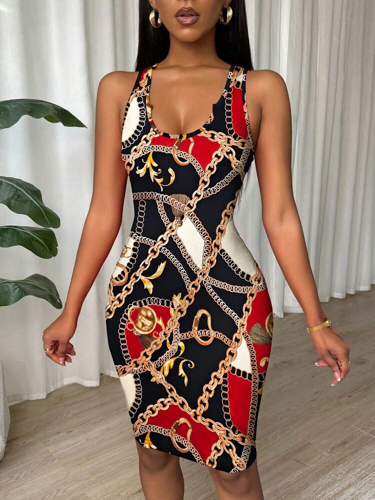 Eryvara Women Tie-Dye Print Notched V-Neck Bodycon Mini Dress