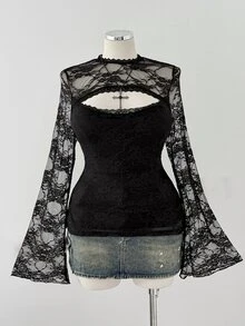 Sunspun Elegant Minimalist Sexy Fitted Lace Sheer Round Neck Flare Sleeve Long Sleeve Top Party Cocktail Dress Black Plus Size Women T-Shirt - Black - View 5