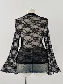 Sunspun Elegant Minimalist Sexy Fitted Lace Sheer Round Neck Flare Sleeve Long Sleeve Top Party Cocktail Dress Black Plus Size Women T-Shirt - Black - View 2