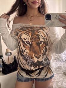 SHEIN 女款休閒露肩豹紋印花街頭風寬鬆T恤，動物印花，2000年代，Y2K - 彩色 - 查看 4
