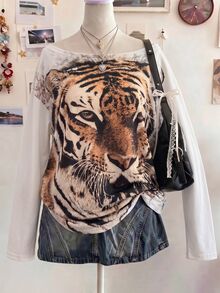 SHEIN 女款休閒露肩豹紋印花街頭風寬鬆T恤，動物印花，2000年代，Y2K - 彩色 - 查看 1