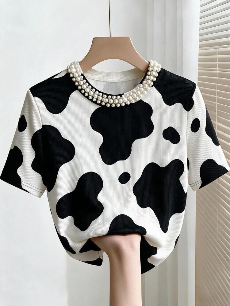 Franclia Cow Print Faux Pearl Beaded Tee - Black and White - View 1