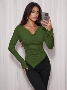 Airlisse Off-Shoulder Asymmetric Hem Knit T-Shirt, Fitted Waist Fall Cloth For Women - Army Green - View 6