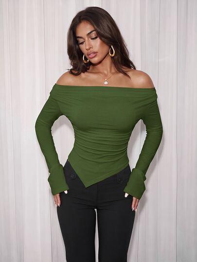 Airlisse Off-Shoulder Asymmetric Hem Knit T-Shirt, Fitted Waist Fall Cloth For Women