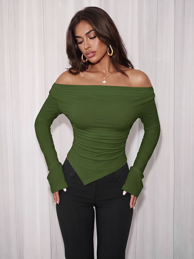 Airlisse Off-Shoulder Asymmetric Hem Knit T-Shirt, Fitted Waist Fall Cloth For Women - Army Green - View 1
