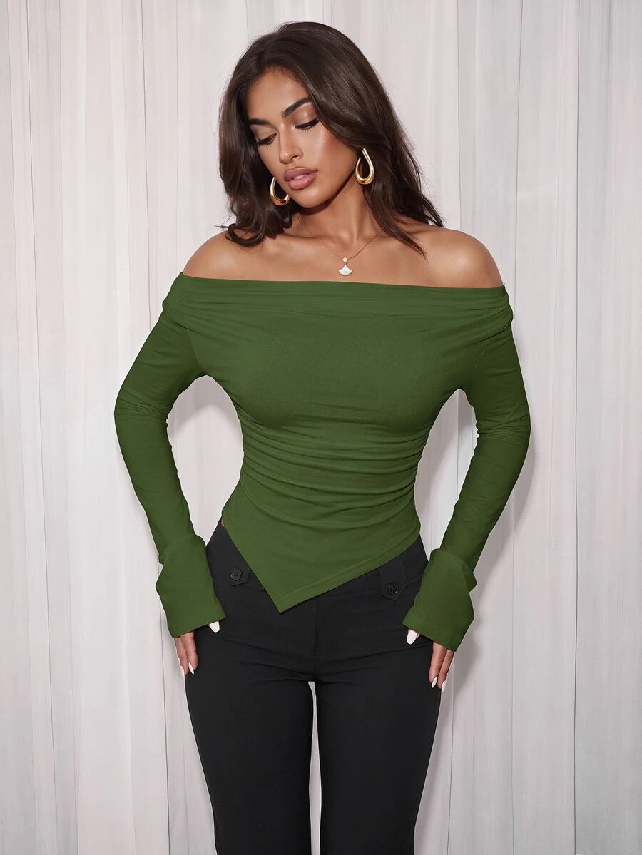 Airlisse Off-Shoulder Asymmetric Hem Knit T-Shirt, Fitted Waist Fall Cloth For Women - Army Green - View 1