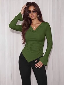 Airlisse Off-Shoulder Asymmetric Hem Knit T-Shirt, Fitted Waist Fall Cloth For Women - Army Green - View 3