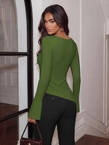 Airlisse Off-Shoulder Asymmetric Hem Knit T-Shirt, Fitted Waist Fall Cloth For Women - Army Green - View 2