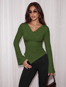 Airlisse Off-Shoulder Asymmetric Hem Knit T-Shirt, Fitted Waist Fall Cloth For Women - Army Green - View 5