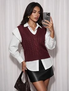Airlisse Rompi Rajut Kasual Wanita Model V-Neck untuk Sehari-hari, Cocok untuk Musim Gugur - Burgundy - View 3