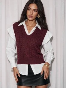 Airlisse Rompi Rajut Kasual Wanita Model V-Neck untuk Sehari-hari, Cocok untuk Musim Gugur - Burgundy - View 4