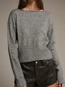 MOTF PREMIUM BOAT NECK MINIMALIST BASIC CROPPED FITTED SWEATER - Grey - View 2