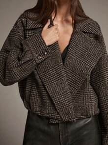 MOTF PREMIUM HOUNDSTOOTH PATTERN OVERSIZED LAPEL LOOSE CROPPED OVERCOAT - Coffee Brown - View 2