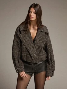 MOTF PREMIUM HOUNDSTOOTH PATTERN OVERSIZED LAPEL LOOSE CROPPED OVERCOAT - Coffee Brown - View 4