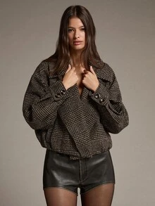 MOTF PREMIUM HOUNDSTOOTH PATTERN OVERSIZED LAPEL LOOSE CROPPED OVERCOAT - Coffee Brown - View 5