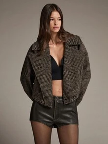 MOTF PREMIUM HOUNDSTOOTH PATTERN OVERSIZED LAPEL LOOSE CROPPED OVERCOAT - Coffee Brown - View 3