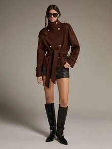 MOTF PREMIUM CROPPED DOUBLE-BREASTED STAND COLLAR CINCHED WAIST OVERCOAT - Coffee Brown - View 4