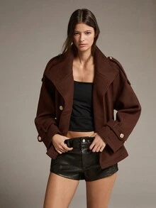 MOTF PREMIUM CROPPED DOUBLE-BREASTED STAND COLLAR CINCHED WAIST OVERCOAT - Coffee Brown - View 8