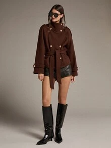 MOTF PREMIUM CROPPED DOUBLE-BREASTED STAND COLLAR CINCHED WAIST OVERCOAT - Coffee Brown - View 3