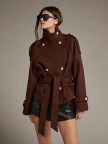 MOTF PREMIUM CROPPED DOUBLE-BREASTED STAND COLLAR CINCHED WAIST OVERCOAT - Coffee Brown - View 5