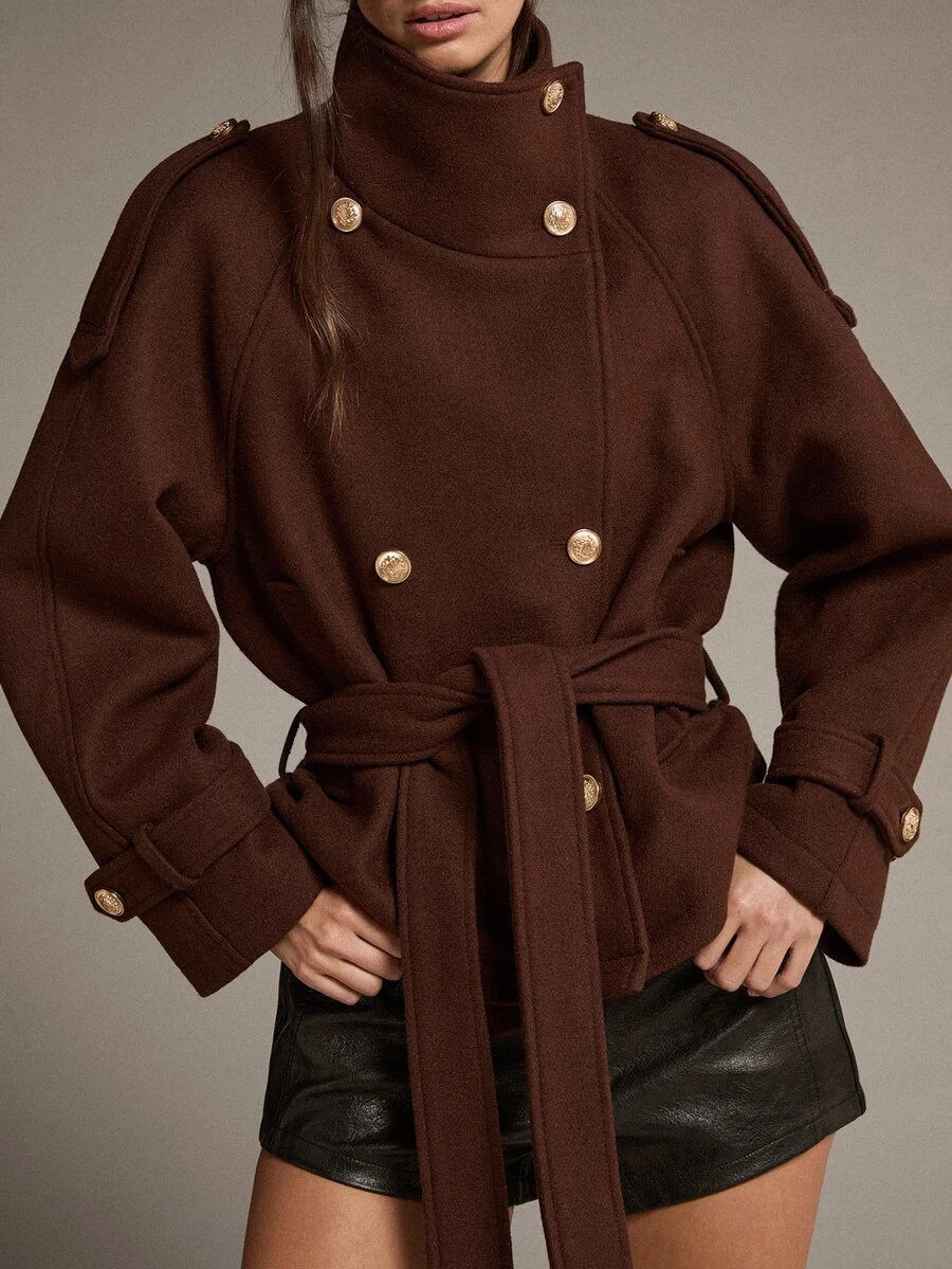 MOTF PREMIUM CROPPED DOUBLE-BREASTED STAND COLLAR CINCHED WAIST OVERCOAT - Coffee Brown - View 2
