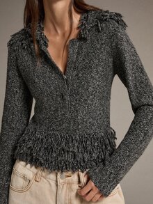 MOTF PREMIUM SHORT MARLED KNIT CARDIGAN WITH FAUX FRINGE TRIM, FITTED - Light Grey - View 5