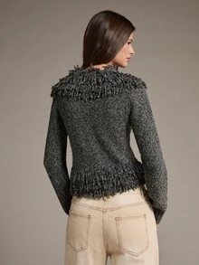 MOTF PREMIUM SHORT MARLED KNIT CARDIGAN WITH FAUX FRINGE TRIM, FITTED - Light Grey - View 3