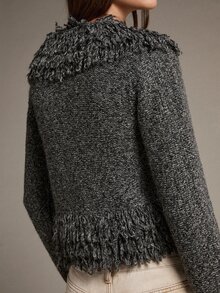 MOTF PREMIUM SHORT MARLED KNIT CARDIGAN WITH FAUX FRINGE TRIM, FITTED - Light Grey - View 8