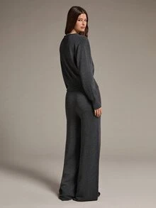 MOTF PREMIUM SET 2 POTONG UNTUK WANITA: KARDIGAN KANCING TUNGGAL WARNA POLOS DENGAN PENYEGAR PINGGANG DAN CELANA RAJUT LEBAR. - Dark Grey - View 5