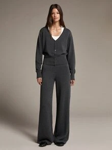 MOTF PREMIUM SET 2 POTONG UNTUK WANITA: KARDIGAN KANCING TUNGGAL WARNA POLOS DENGAN PENYEGAR PINGGANG DAN CELANA RAJUT LEBAR. - Dark Grey - View 6