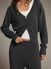 MOTF PREMIUM SET 2 POTONG UNTUK WANITA: KARDIGAN KANCING TUNGGAL WARNA POLOS DENGAN PENYEGAR PINGGANG DAN CELANA RAJUT LEBAR. - Dark Grey - View 2