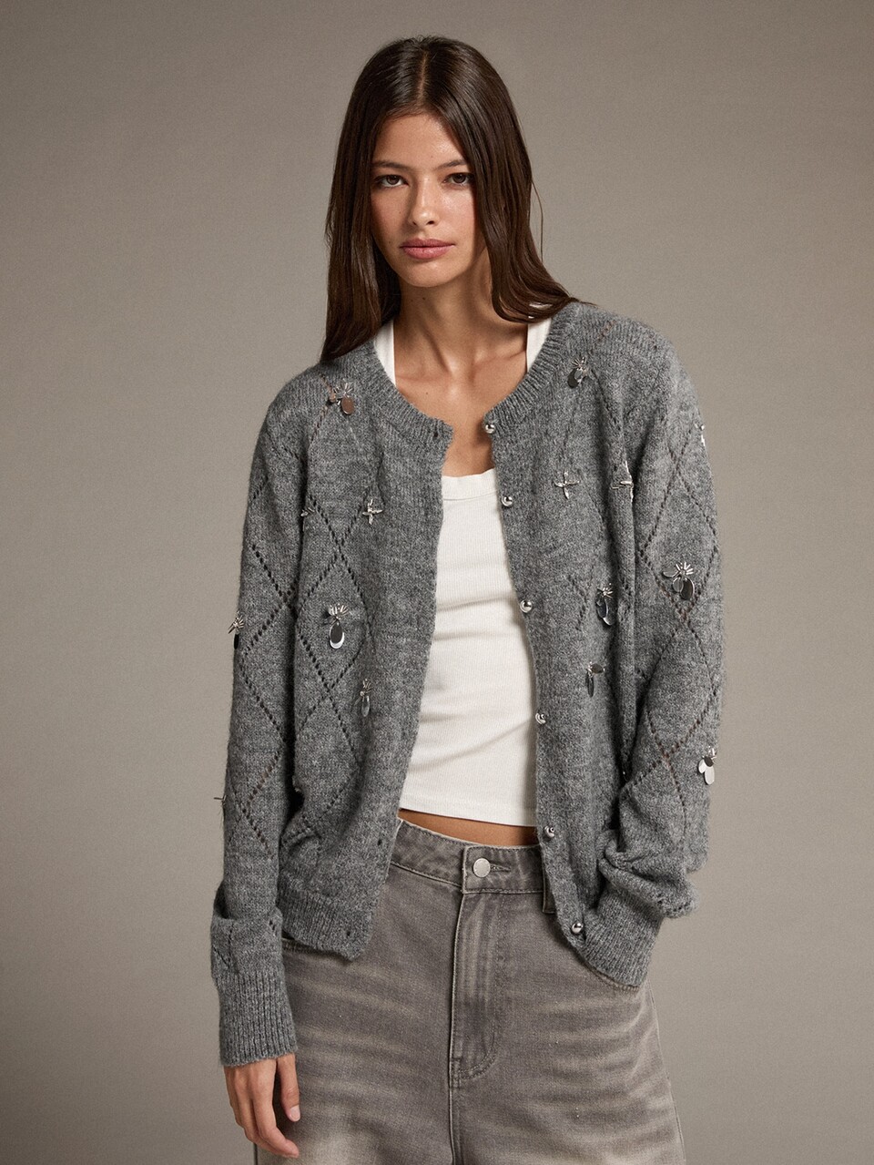 MOTF ARGYLE POINTELLE KNIT HAND-BEADED & SEQUIN EMBELLISHED FITTED CARDIGAN