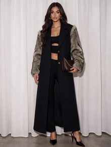 Autumn/Winter British Style Double-Layer Elastic Patchwork Faux Fur Long Loose Jacket - Multicolor - View 3
