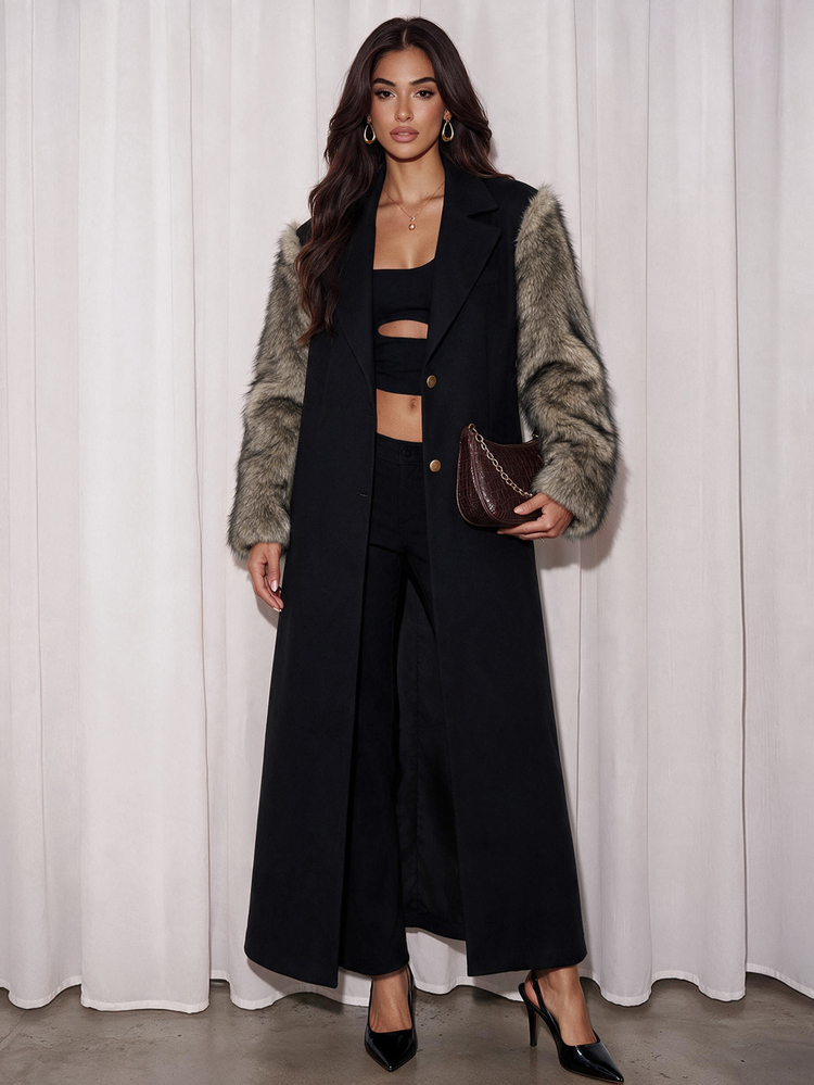 Autumn/Winter British Style Double-Layer Elastic Patchwork Faux Fur Long Loose Jacket - Multicolor - View 3