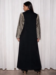 Autumn/Winter British Style Double-Layer Elastic Patchwork Faux Fur Long Loose Jacket - Multicolor - View 2