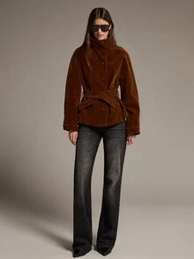 MOTF PREMIUM VELVET FLAT-WEAVE CROPPED JACKET WITH CINCHED WAIST SILHOUETTE - Brown - View 5