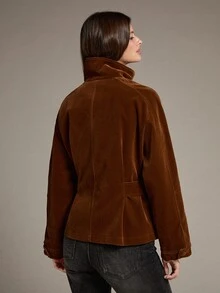 MOTF PREMIUM VELVET FLAT-WEAVE CROPPED JACKET WITH CINCHED WAIST SILHOUETTE - Brown - View 8