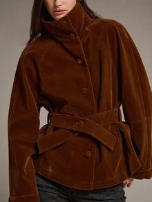 MOTF PREMIUM VELVET FLAT-WEAVE CROPPED JACKET WITH CINCHED WAIST SILHOUETTE - Brown - View 3